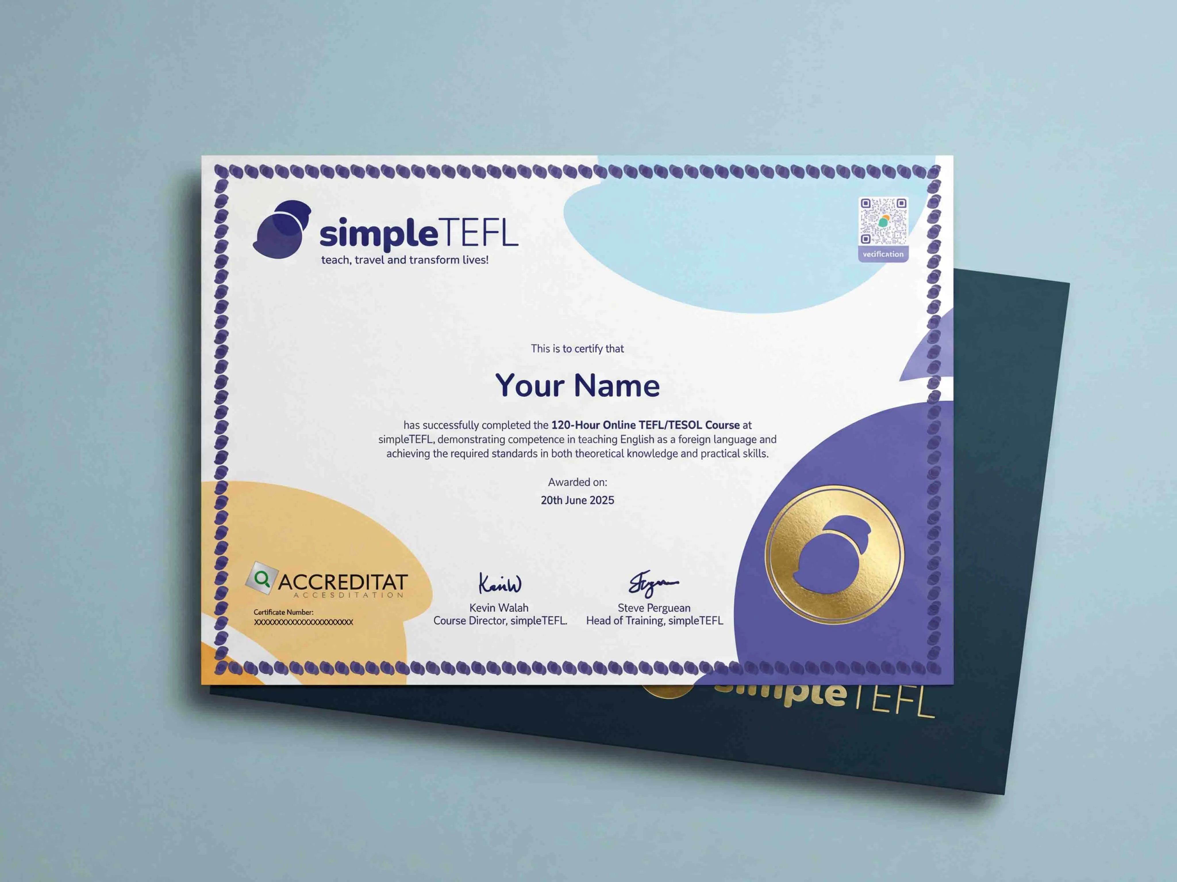 Printed simpleTEFL certificate folder and certificate