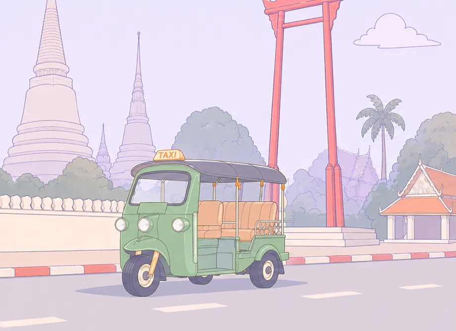 Flat illustration of Bangkok landmarks with a tuk-tuk.