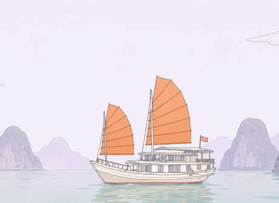 Flat illustration of Ha Long Bay with a traditional junk boat.